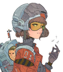 1girl absurdres backpack bag brown_hair cat closed_mouth commentary elliemaplefox english_commentary gloves goggles grey_gloves hand_up helmet highres light_smile lips looking_at_viewer original pilot_helmet short_hair simple_background solo thermos tinted_eyewear torn_clothes torn_gloves upper_body white_background white_eyes yellow-tinted_eyewear