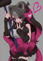1girl absurdres animal_ears arm_warmers back_bow bear_ears bear_girl paw_stick bergman&#039;s_bear_(kemono_friends) black_hair blue_eyes bow bowtie breast_press buttons center_frills chromatic_aberration collared_shirt empty_eyes frills fur-trimmed_legwear fur-trimmed_skirt fur_trim hair_bow heart highres holding holding_weapon huge_bow kemono_friends long_hair looking_at_viewer nail_polish notora pink_nails pink_skirt ponytail shirt sidelocks skirt sleeveless sleeveless_shirt solo suspender_skirt suspenders thighhighs weapon zettai_ryouiki