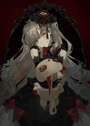 1girl absurdres bare_shoulders black_dress black_gloves black_hat bow brown_hair chinese_commentary closed_mouth commentary_request cowboy_shot dress elbow_gloves frilled_dress frills gloves gothic_lolita hat head_tilt highres holding holding_stuffed_toy lolita_fashion long_hair looking_at_viewer mayu_(vocaloid) mini_hat red_background red_bow red_ribbon ribbon smile solo stuffed_animal stuffed_rabbit stuffed_toy very_long_hair vocaloid wloop yellow_eyes