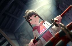 1girl bracelet brown_hair buttons game_cg green_eyes hair_bun hamaguchi_ayame holding holding_weapon hood hoodie idolmaster idolmaster_cinderella_girls idolmaster_cinderella_girls_starlight_stage indoors jacket jewelry katana official_art open_mouth statue sunlight sword weapon
