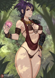 1girl animification artist_name bikini black_hair breasts brown_eyes detached_sleeves dragon_age fingerless_gloves forest gloves hand_on_own_hip jewelry large_breasts looking_at_viewer magic morrigan_(dragon_age) nature necklace outdoors redjet short_hair single_detached_sleeve single_fingerless_glove solo standing swimsuit watermark web_address