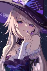 1girl ascot bare_shoulders black_dress black_hat blush breasts brown_hair choker closed_mouth detached_sleeves dress finger_heart flower hair_ornament hat hat_flower herta_(honkai:_star_rail) highres honkai:_star_rail honkai_(series) jewelry key key_choker key_necklace long_hair long_sleeves looking_at_viewer necklace oimo_imonium purple_eyes purple_flower purple_hat purple_nails purple_ribbon ribbon simple_background solo star_(sky) strapless strapless_dress the_herta_(honkai:_star_rail) very_long_hair white_ascot witch_hat x_hair_ornament