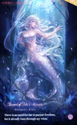 Rule 34 | 1girl, air bubble, artist request, bare shoulders, bead necklace, beads, bikini, blue eyes, bubble, chain, character name, copyright name, dark, english text, expressionless, fins, fish tail, floating hair, flower, full body, hair between eyes, head fins, highres, indoors, jewelry, light particles, logo, long hair, looking ahead, medium skirt, mermaid, monster girl, navel, necklace, nikki (series), nixie (shining nikki), official art, parted lips, purple flower, second-party source, see-through clothes, see-through skirt, shell, shell bikini, shining nikki, showgirl skirt, skirt, solo, sound of tide&#039;s reverie (shining nikki), stomach, submerged, swimsuit, tail, trapped, tube, very long hair, wavy hair, white bikini, white hair, white skirt, white tail