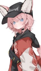 1girl absurdres animal_ears arknights black_choker black_hat blue_eyes choker ears_through_headwear extra_ears fox_ears fox_girl hat highres hood jacket looking_at_viewer mikozin official_alternate_costume open_mouth pink_hair red_jacket simple_background solo sussurro_(arknights) sussurro_(travel_freely)_(arknights) tail white_background