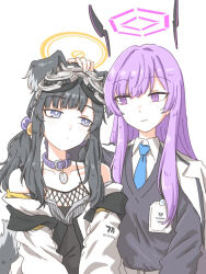 2girls animal_ears black_hair black_sweater blue_archive blush bright_pupils collar collarbone collared_shirt dog_ears dog_girl dog_tail fishnet_top fishnets goggles goggles_on_head hair_ornament halo hand_on_another&#039;s_head hariyaa hibiki_(blue_archive) highres jacket jacket_on_shoulders long_hair looking_at_another low_twintails multiple_girls necktie off_shoulder open_clothes open_jacket parted_bangs purple_eyes purple_hair shirt sweater tail twintails utaha_(blue_archive) wavy_hair white_pupils yuri