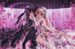 Rule 34 | 2girls, bare shoulders, black hair, black thighhighs, blonde hair, blouse, blush, bottomless, bridal gauntlets, dress, elbow gloves, flower, frilled legwear, gloves, hair ribbon, highres, lace, lace-trimmed legwear, lace thighhighs, lace trim, legs, lolita fashion, long hair, multiple girls, navel, no panties, open clothes, open shirt, petals, purple eyes, ribbon, shirt, sitting, thighhighs, tinker bell (pixiv 10956015), white thighhighs, yellow eyes, yuri