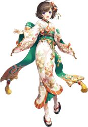 1girl ahoge artist_request bow breasts brown_hair floral_print full_body game_cg hair_bow highres japanese_clothes kimono liz_(unitia) official_alternate_costume official_art open_mouth purple_eyes sandals solo source_request transparent_background unitia