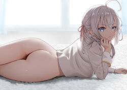 Rule 34 | 1girl, ahoge, alisa mikhailovna kujou, ass, bad link, blazer, blue eyes, bottomless, closed mouth, commentary request, dimples of venus, elbow rest, gibun (sozoshu), grey hair, grey jacket, hair ribbon, head rest, highres, holding, holding own hair, indoors, jacket, long hair, looking at viewer, lying, pout, pussy, red ribbon, revision, ribbon, school uniform, seiren academy school uniform, solo, tokidoki bosotto roshia-go de dereru tonari no alya-san