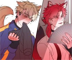 2boys alternate_hairstyle animal_ears ankko0823 biting biting_clothes black_hair black_shirt blonde_hair blue_jacket blush fang folding_fan fox_boy fox_ears fox_tail hair_bun hand_blush hand_fan holding holding_unworn_clothes jacket kemonomimi_mode long_hair long_sleeves male_focus multicolored_hair multiple_boys orange_eyes parted_lips piercing red_eyes red_hair shade shiguang_dailiren shirt short_hair single_hair_bun sleeves_past_wrists sweat tail trembling turtleneck white_shirt xia_fei xiao_weiying yaoi
