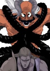 1boy armor bald bankai black_kimono bleach bleach:_sennen_kessen-hen brown_eyes brown_hair closed_mouth colored_skin commentary_request demon_horns facial_hair flaming_eyes hair_between_eyes highres horns japanese_clothes kimono kokujou_tengen_myouou_(bankai) komamura_sajin long_hair looking_at_viewer male_focus mature_male mitu_hide43 mustache open_mouth red_skin ribs rope serious shaded_face shimenawa shoulder_armor simple_background single_bare_shoulder solo straight_hair teeth torn_clothes torn_kimono tsurime upturned_eyes white_background white_hair
