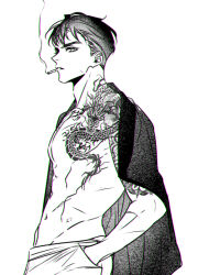 abs arm_tattoo batman_(series) black_hair cigarette cropped_legs dc_comics dragon_tattoo greyscale hand_in_pocket haori_on_shoulders ikemen irezumi jason_todd maku_(stigmaria) monochrome navel scar screentones simple_background sketch smoke smoke_trail smoking tattoo topless_male white_background