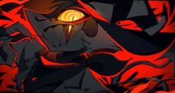 1boy ama0805 cowboy_hat demon_boy demon_horns demon_tail evil_grin evil_smile grin hat helluva_boss highres horns looking_at_viewer male_focus red_scarf red_theme ringed_eyes scarf sharp_teeth smile solo striker_(helluva_boss) tail teeth yellow_eyes