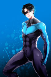 1boy abs animification bad_id bad_pixiv_id batman_(series) black_hair bodysuit dc_comics dick_grayson domino_mask fingerstripe male_focus mask navel nightwing skin_tight solo spandex superhero_costume tachibana_(ghosts_0119)