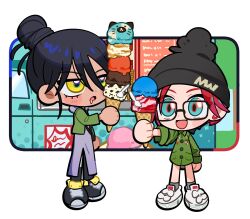 2girls amate_yuzuriha beanie black-framed_eyewear black_hair black_hat black_shoes blush chibi collared_shirt food glasses green_shirt gundam gundam_gquuuuuux hair_bun hat highres holding holding_food holding_ice_cream_cone ice_cream ice_cream_cone long_sleeves motor_vehicle multiple_girls nyaan_(gundam_gquuuuuux) o-three open_mouth saliva shirt shoes short_hair sneakers standing truck updo white_shoes yellow_eyes