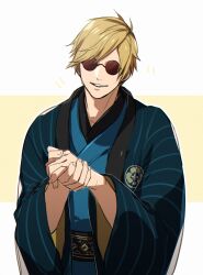 1boy blonde_hair blue_kimono covered_eyes facing_viewer final_fantasy final_fantasy_xiv hancock_fitzgerald hyur japanese_clothes kimono male_focus obi own_hands_together round_eyewear rubbing_hands_together sash short_hair simple_background smile solo striped_clothes striped_kimono sunglasses swept_bangs two-sided_fabric two-tone_background upper_body wide_sleeves yomo_(ym) yukata