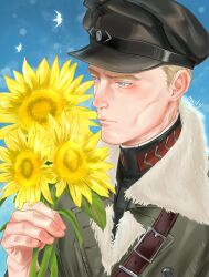 Rule 34 | 1boy, absurdres, black hat, black jacket, blonde hair, blue background, blue eyes, closed mouth, coat, evgeni (reverse:1999), flower, grey coat, hand up, hat, highres, jacket, male focus, mature male, prayalldead, reverse:1999, shoulder belt, simple bird, solo, sunflower, yellow flower
