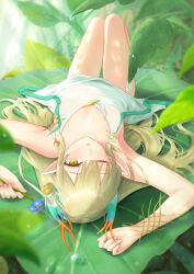 1girl absurdres arknights breasts chinese_commentary commentary_request dress elf green_hair highres knees_up long_hair looking_at_viewer muelsyse_(arknights) one_eye_closed paid_reward_available parted_lips pointy_ears runyo_(yale12312) small_breasts solo upside-down white_dress yellow_eyes