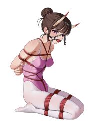 1girl absurdres alternate_costume alternate_hairstyle athletic_leotard azur_lane ball_gag bare_shoulders bdsm blush bondage bound bound_arms bound_legs breasts brown_hair collarbone covered_navel full_body gag gagged hair_bun highres horns jiang_qian_xiao kneeling leotard noshiro_(azur_lane) pantyhose pink_leotard purple_eyes shibari shibari_over_clothes simple_background single_hair_bun skin-covered_horns solo white_background white_pantyhose