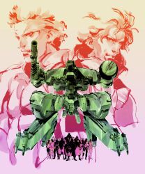 Rule 34 | 2boys, absurdres, bandana, headband, highres, jacket, liquid snake, long hair, male focus, mecha, metal gear (robot), metal gear (series), metal gear rex, metal gear solid, multiple boys, official art, people, railgun, robot, scan, shinkawa youji, sneaking suit, solid snake, tank top