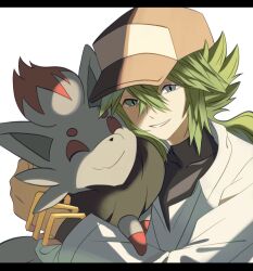 1boy animal animal_hug baseball_cap blue_eyes bracelet closed_mouth collared_shirt fox gen_5_pokemon green_hair grey_fur hair_between_eyes hat jewelry letterboxed long_hair looking_at_viewer male_focus n_(pokemon) nintendo pokemon pokemon_(creature) pokemon_bw ponytail red_fur shirt simple_background smile upper_body white_background white_shirt zero_(sleepy_meltan) zorua
