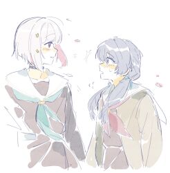 2girls ^^^ absurdres aqua_neckerchief black_choker blue_eyes blue_hair blue_ribbon blush bob_cut brown_cardigan brown_dress cardigan choker collarbone commentary dollchestra dress eye_contact flying_sweatdrops grin hair_intakes hair_ornament hair_over_shoulder hair_ribbon hasu_no_sora_school_uniform highres inverted_bob link!_like!_love_live! long_hair long_sleeves looking_at_another looking_at_viewer love_live! low_twintails multiple_girls murano_sayaka neckerchief open_cardigan open_clothes open_mouth pleated_dress profile red_neckerchief ribbon sailor_collar sailor_dress school_uniform short_hair simple_background smile star_(symbol) star_hair_ornament sweatdrop symbol-only_commentary twintails virtual_youtuber white_background white_hair white_sailor_collar winter_uniform woodonly yugiri_tsuzuri