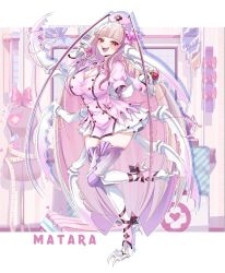 1girl antennae arthropod_girl arthropod_limbs artist_name bow breasts brown_eyes buttons character_name cleavage cockroach_girl colored_inner_hair double-breasted dress facial_mark grey_hair hat highres holding indie_virtual_youtuber large_breasts long_hair matara_kan multicolored_hair nurse nurse_cap open_mouth pink_bow pink_dress pink_hair pink_hat pink_wrist_cuffs sewing_pin smile solo srinitybeast virtual_youtuber wrist_cuffs