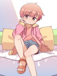 1girl absurdres bare_legs bed blue_shorts blunt_bangs blush casual closed_mouth commentary denim flat_chest full_body green_eyes highres hood hood_down hoodie indoors jacket knees_up long_sleeves looking_at_viewer open_clothes open_jacket orange_hair orenjipiiru original pillow pink_hoodie sandals shirt short_hair short_shorts shorts simple_background sitting smile solo tomboy tomboy_(orenji)