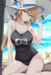1girl absurdres beach blush breasts brown_hair dated day girls&#039;_frontline green_eyes hair_between_eyes hair_ribbon hat highres large_breasts long_hair looking_at_viewer outdoors parasol ribbon sand school_swimsuit sitting smile springfield_(girls&#039;_frontline) sun_hat swimsuit takumi_munato towel umbrella wariza water