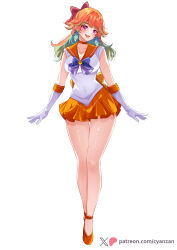 1girl absurdres alternate_costume bishoujo_senshi_sailor_moon bow choker cosplay cyanzan earrings elbow_gloves feather_earrings feathers full_body gloves green_hair hair_bow highres hololive hololive_english jewelry long_hair looking_at_viewer magical_girl multicolored_hair open_mouth orange_choker orange_hair orange_sailor_collar pleated_skirt purple_eyes sailor_collar sailor_senshi sailor_senshi_uniform sailor_venus sailor_venus_(cosplay) simple_background skirt smile solo takanashi_kiara two-tone_hair virtual_youtuber white_background white_gloves