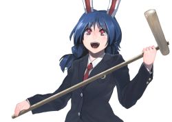 1girl :d animal_ears bad_id bad_twitter_id black_jacket blazer blue_hair braid cosplay female_focus holding holding_mallet ichiba_youichi jacket kine long_hair long_sleeves looking_at_viewer mallet necktie open_mouth rabbit_ears red_eyes red_necktie reisen_udongein_inaba reisen_udongein_inaba_(cosplay) seiran_(touhou) shirt simple_background smile solo touhou twin_braids twintails upper_body white_background white_shirt