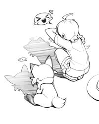 ... 1girl absurdres ahoge braid cat_shadow_puppet_(meme) commentary_request floragato greyscale hat highres hoishere7 juliana_(pokemon) long_hair meme monochrome nintendo pokemon pokemon_(creature) pokemon_sv shirt shoes short_sleeves shorts spoken_ellipsis spoken_expression squatting unworn_hat unworn_headwear