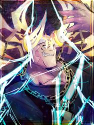 1boy backwards_hat baseball_cap black_shirt blonde_hair brown_eyes chain chain_necklace electricity grin hat highres horns jewelry lock male_focus necklace padlock padlocked_collar sharp_teeth shin_subarashiki_kono_sekai shirt sideburns sigil smile solo solo_focus subarashiki_kono_sekai susukichi_(ntwewy) tattoo teeth upper_body white_footwear