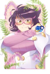 1girl arm_at_side beast_ball big_hair breasts capelet chibbunly flower glasses green_eyes high-waist_skirt highres holding holding_poke_ball large_breasts long_sleeves mature_female medium_skirt nintendo pencil_skirt pink-framed_eyewear pink_sweater poke_ball pokemon pokemon_sm purple_hair ribbed_sweater short_hair skirt smile solo sweater sweater_guard turtleneck turtleneck_sweater v-shaped_eyebrows white_capelet white_skirt wicke_(pokemon)