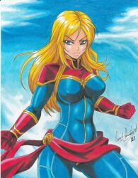 1girl 2021 artist_name blonde_hair blue_bodysuit blue_eyes bodysuit breasts captain_marvel carol_danvers clenched_hands closed_mouth covered_navel gloves highres large_breasts long_hair marvel multicolored_bodysuit parted_lips ravernclouk_design red_bodysuit red_gloves traditional_media v-shaped_eyebrows waist_cape