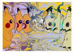 abstract abstract_background absurdres black_eyes border distortion gen_1_pokemon gen_7_pokemon highres looking_at_another mimikyu nintendo no_humans pikachu pokemon pokemon_(creature) pokemon_focus saiku_(zvlku) surreal white_border yellow_fur