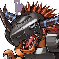 Rule 34 | absurdres, blue eyes, claws, colored skin, cyborg, digimon, digimon (creature), dinosaur, highres, metalgreymon, open mouth, orange skin, ranksyqk, red hair, reptile, solo, torn wings, white background, wings