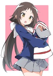 Rule 34 | 1girl, blush, brown hair, commentary request, highres, long hair, long sleeves, looking at viewer, low ponytail, mikakunin de shinkoukei, mitsumine mashiro, open mouth, pink background, ponytail, rauto, school uniform, sleeves past fingers, sleeves past wrists, solo