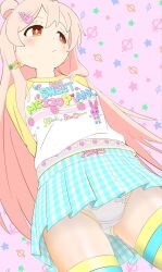 1girl animal_print brown_eyes clothes_writing colored_inner_hair food_print frilled_skirt frills fruit_print genderswap genderswap_(mtf) hair_ornament hairclip heart heart_print heisei_retro highres jojifuku mezzo_piano multicolored_hair onii-chan_wa_oshimai! oyama_mahiro panties pink_hair print_panties print_shirt rabbit_print sakuraku shirt skirt star_(symbol) star_hair_ornament strawberry_print two-tone_hair underwear