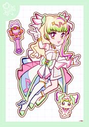 Rule 34 | 1girl, asymmetrical footwear, back bow, bangle, bare shoulders, beads, blonde hair, boots, border, bow, bracelet, circlet, colored tips, cure zukyuun, deformed, dotted line, dress, dual persona, earrings, elbow gloves, eyelashes, finger gun, fortissimo, full body, gloves, gold bracelet, green border, green hair, grid background, hair beads, hair bow, hair ornament, hair ribbon, halter dress, halterneck, happy, high heel boots, high heels, highres, jewelry, kimi to idol precure, large bow, layered dress, long dress, long hair, looking at viewer, magical girl, microphone, multicolored hair, multiple earrings, musical note, musical note hair ornament, musical note print, open mouth, outline, pink eyes, pink hair, plaid clothes, plaid dress, plaid ribbon, precure, purirun (precure), ribbon, short dress, signature, single bare leg, single thigh boot, smile, sphere earrings, stiletto heels, streaked hair, thigh boots, uwded 207, wavy hair, white background, white boots, white bow, white dress, white gloves, white outline, white ribbon