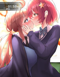 2girls absurdres ahoge blue_eyes blush bow bowtie breast_press breasts brown_hair commentary darly_(djmax) djmax djmax_respect eye_contact from_side hair_ornament hand_on_another&#039;s_face highres huge_ahoge indoors kiss kkhyun5016 korean_text location_name long_hair looking_at_another matching_accessory multiple_girls necktie red_hair rophe_(djmax) school_uniform star_(symbol) star_hair_ornament timestamp translated very_long_hair yuri