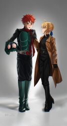 1boy 1girl absurdres armor artoria_pendragon_(fate) blush coat couple emiya_shirou fake_horns fate/stay_night fate_(series) helmet highres holding holding_helmet horned_helmet horns japanese_armor kamen_rider noian_saber red_hair red_scarf saber_(fate) scarf unworn_headwear unworn_helmet