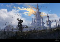 1boy absurdres blue_sky bridge cloud cloudy_sky day final_fantasy final_fantasy_xiv grass highres in-universe_location letterboxed limsa_lominsa outdoors rakka_damage rock scenery simple_bird sky staff standing warrior_of_light_(ff14) wide_shot