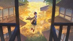 1girl architecture autumn_leaves black_hair black_skirt black_wings east_asian_architecture feathered_wings fjsmu flying from_behind geta hand_on_own_face hat highres leaf looking_at_viewer looking_back outdoors puffy_sleeves red_footwear scenery shameimaru_aya shirt short_hair short_sleeves skirt solo tengu-geta tokin_hat touhou tree white_shirt wings