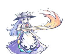 1girl black_eyes black_hat blue_hair blue_skirt bow bowtie closed_mouth commentary english_commentary fire flaming_sword flaming_weapon hat hat_ornament highres hinanawi_tenshi holding holding_sword holding_weapon leaf_hat_ornament long_hair looking_at_viewer oysterfried peach_hat_ornament rainbow_order red_bow red_bowtie short_sleeves sidelocks simple_background skirt solo sword sword_of_hisou touhou weapon white_background