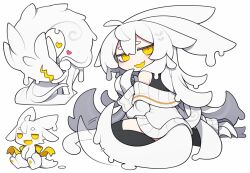 1girl 1other :d afterimage ahoge animal_ears bare_shoulders black_shirt black_thighhighs blush_stickers claws creature deformed dorodra_(kisaragi_kaya) dress dripping fang full_body hair_flaps hand_to_own_mouth hand_up headpat heart jitome kisaragi_kaya long_sleeves looking_at_viewer looking_to_the_side motion_lines multiple_forms off-shoulder_sweater off_shoulder open_mouth original ribbon sharp_teeth shirt simple_background sitting skin_fang sleeveless sleeveless_shirt sleeves_past_wrists slime_(substance) slit_pupils smile snake sweater sweater_dress tail tail_wagging teeth thick_eyebrows thighhighs wariza white_background white_hair white_sweater yellow_eyes yellow_ribbon