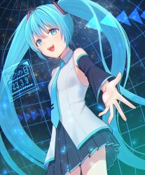 1girl 39 aqua_eyes aqua_hair aqua_necktie ashitana bare_shoulders black_skirt commentary cowboy_shot detached_sleeves grey_shirt hatsune_miku highres long_hair long_sleeves looking_at_viewer miku_day necktie number_tattoo open_mouth pleated_skirt shirt skirt smile solo tattoo teeth twintails upper_teeth_only vocaloid