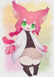 1girl :3 animal_ears animal_feet animal_hands black_sweater black_thighhighs braid brown_skirt cat_busters cat_ears cat_girl cat_tail coat commentary_request digitigrade doctor flat_chest furry furry_female green_eyes hair_between_eyes highres lab_coat long_hair looking_at_viewer low_twin_braids neko_hakase pawpads pink_hair rorizu shortstack skirt solo sweater tail thick_thighs thighhighs thighs twin_braids white_coat