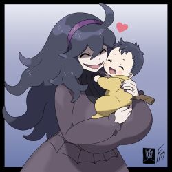 Rule 34 | 1boy, 1girl, baby, baby carry, breasts, carrying, carrying baby, carrying person, cheek-to-cheek, dress, fungus-man, hairband, happy, heads together, heart, hex maniac (pokemon), highres, huge breasts, jewelry, long hair, mother and child, mother and son, nail polish, nintendo, official style, onesie, open mouth, pale skin, parody, pokemon, pokemon xy, purple hair, ring, smile