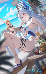 2girls absurdres ahoge alternate_costume arm_up bare_legs bare_shoulders bikini black_bikini black_choker blue_nails blue_one-piece_swimsuit blue_sky breasts casual_one-piece_swimsuit choker cleavage collarbone commentary_request crossed_legs cup cutout_above_navel day drinking_glass dutch_angle eyewear_on_head facing_viewer feet finger_to_mouth front-tie_bikini_top front-tie_top genshin_impact grey_hair hair_between_eyes hair_ornament hand_up high_heel_sandals highres holding holding_surfboard large_breasts legs long_hair looking_at_viewer mavuika_(genshin_impact) multi-strapped_bikini_bottom multiple_girls nail_polish navel ocean one-piece_swimsuit open_mouth orange_hair outdoors parted_lips raidriar_18 red_eyes revision sandals signature skirk_(genshin_impact) sky smile stomach sunglasses surfboard swimsuit thighs toes underboob very_long_hair waving
