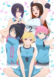 5girls armpits arms_up bare_shoulders black_hair blonde_hair blue_eyes blue_hair blue_headband blue_shirt blunt_bangs blunt_ends breasts brown_hair choppy_bangs closed_mouth colored_inner_hair commentary_request elbow_pads gradient_hair green_eyes grin hair_ornament hair_over_one_eye hairclip hands_on_own_chest headband highres hongou_miyuki jersey kitahara_aoba kusunoki_aroma large_breasts long_hair looking_at_viewer medium_breasts multicolored_hair multiple_girls official_art open_mouth pink_eyes pink_hair purple_hair red_eyes red_hair sawaranaide_kotesashi-kun sayamagaoka_chiyo shirt short_hair sidelocks sitting sleeveless sleeveless_shirt smile stretching sumiyoshi_izumi teeth upper_teeth_only white_background white_shirt